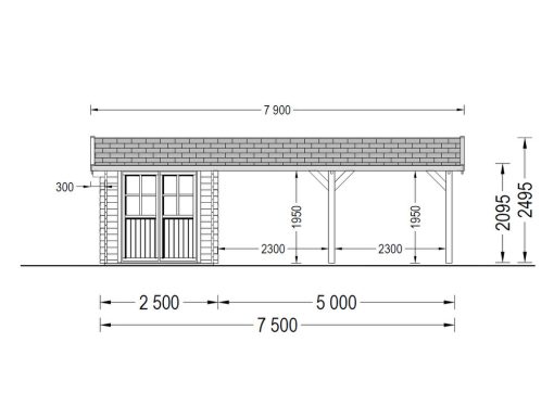 Trä carport med Redskapsbod 30m² (4 m x 7,5 m), 44mm