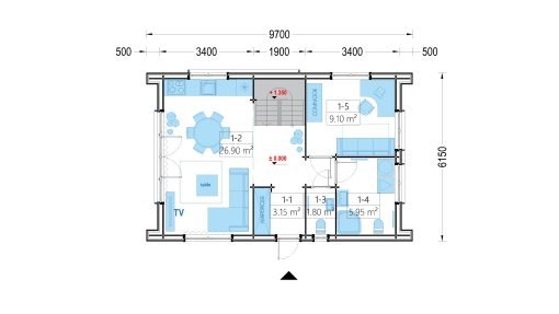 Timmerstuga ASTRID 120 m² (44 mm + 19 mm träbeklädnad)