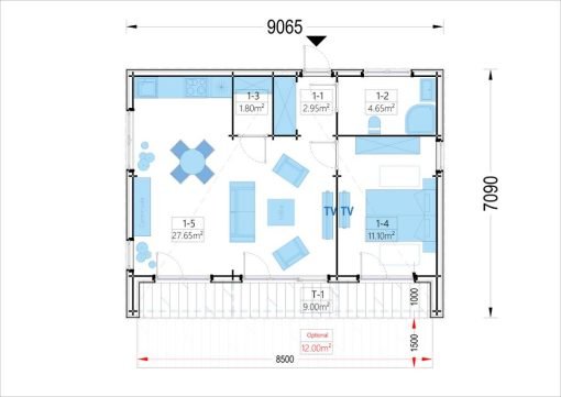 Litet trähus KAYA 1 (44 mm + träbeklädnad), 48 m² - Bild 8