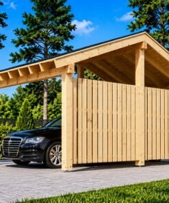 Träcarport LUNA med L-formad vägg 3,2 × 6 m