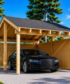 Träcarport LUNA med L-formad vägg 3,2 × 6 m