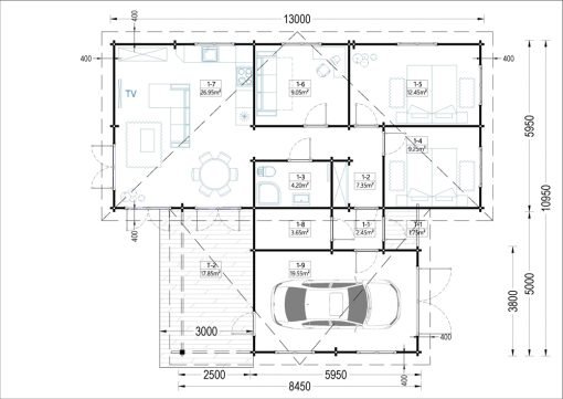 Trävilla med Platt Tak BERTA (66 mm / 44 mm + 44 mm), 105 m²