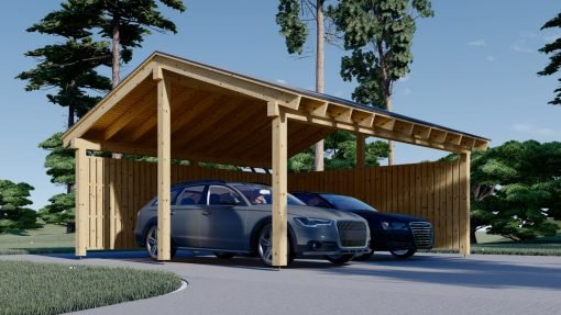 Dubbel Carport med L-formad Vägg LUNA DUO, 6 x 6 m
