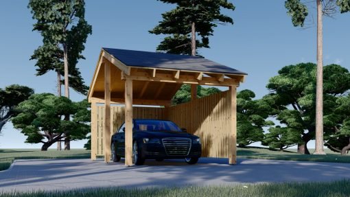 Träcarport med L-formad vägg LUNA, 3,2 x 6 m