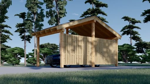 Träcarport med L-formad vägg LUNA, 3,2 x 6 m