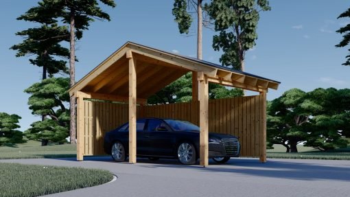 Träcarport med L-formad vägg LUNA, 3,2 x 6 m