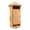 Rund utomhusdusch i trä Ø1.1 m. Platsbesparande design med ventilation och LED-belysning. Perfekt för trädgård, stuga och spa.