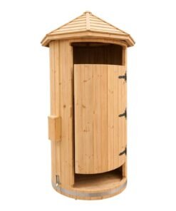 Rund utomhusdusch i trä Ø1.1 m. Platsbesparande design med ventilation och LED-belysning. Perfekt för trädgård, stuga och spa.