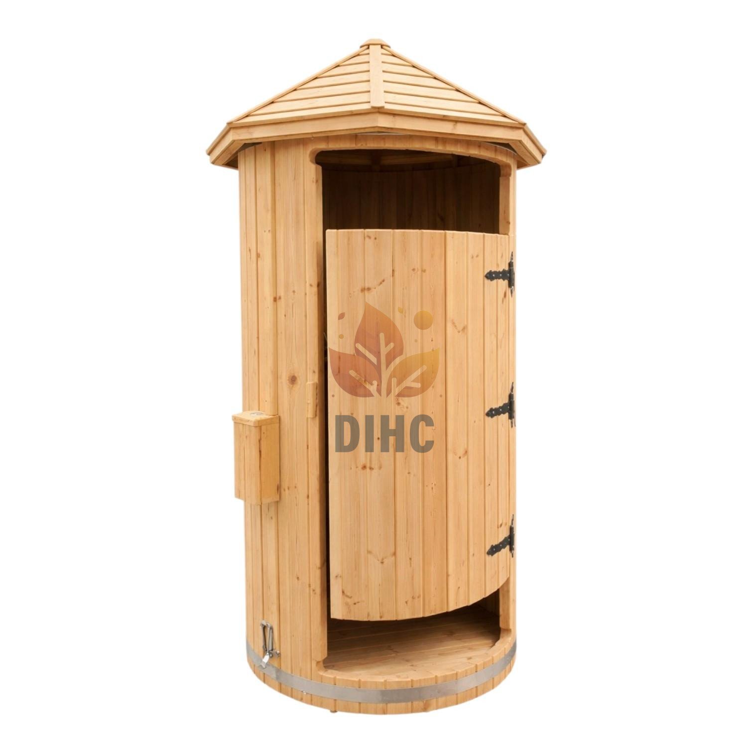 Rund utomhusdusch i trä Ø1.1 m. Platsbesparande design med ventilation och LED-belysning. Perfekt för trädgård, stuga och spa.